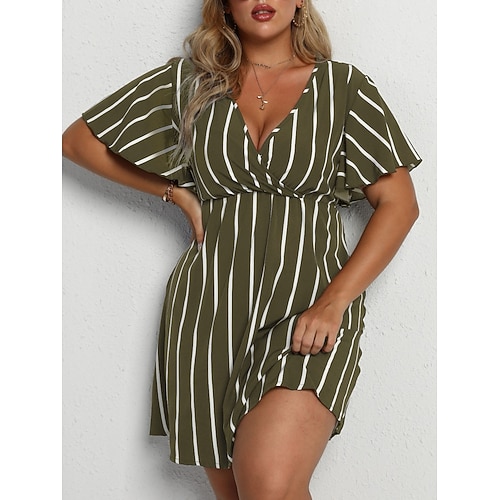 Per donna Taglie Forti Vestito Casual A righe Scollo a V Manica Corta Estate Primavera Moda Moderno Casual Mini abito Quotidiano Ferie Vestito