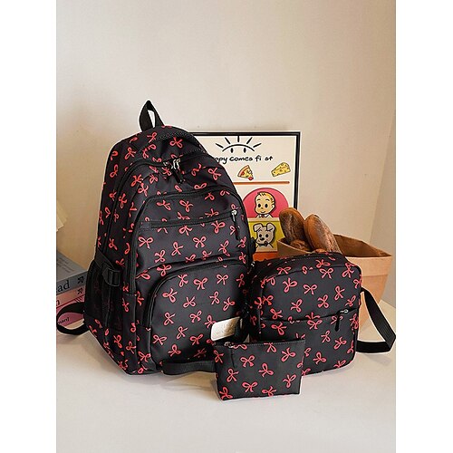 Set di 3 zaini scolastici per ragazze adolescenti: zaino in tela leggero con stampa di un grazioso fiocco rosa, borsa a tracolla di grande capacità e astuccio per matite, perfetto per la scuola, i viaggi e l'uso quotidiano.