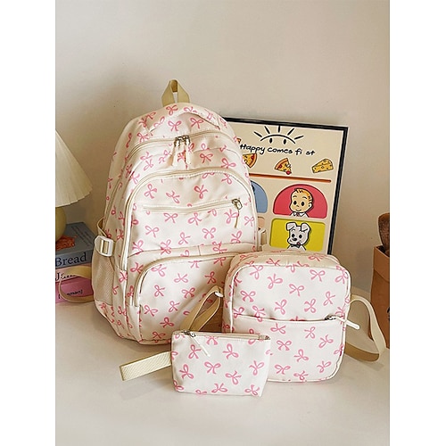 Set di 3 zaini scolastici per ragazze adolescenti: zaino in tela leggero con stampa di un grazioso fiocco rosa, borsa a tracolla di grande capacità e astuccio per matite, perfetto per la scuola, i viaggi e l'uso quotidiano.