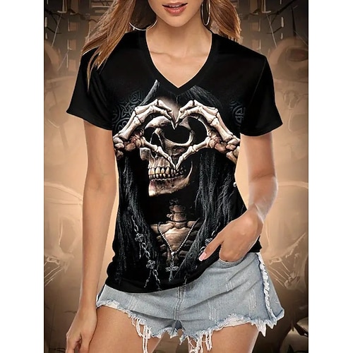 T Shirt da Donna Teschi Floreale Striscia Moda Casual Divertente Maniche Corte V Collo Regular Tops Stile Quotidiano Abbigliamento Carino Uscite Serali Stampa Nera Estate Primavera Autunno