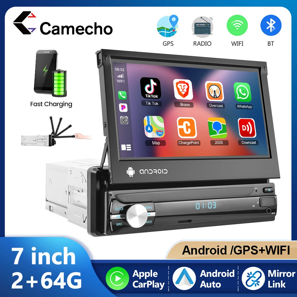 Camecho 7 Zoll einziehbarer Bildschirm 2 + 64G 1 Din Autoradio Auto GPS Navigation Stereo 1Din Android Multimedia Video Player Wifi Image