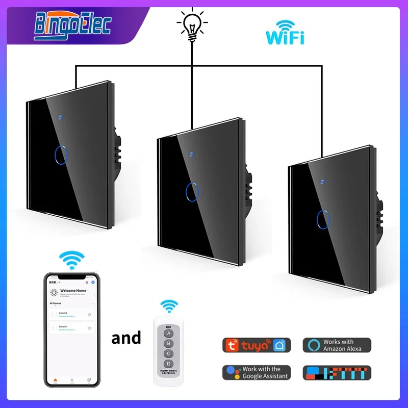 Bingoelec Zwischen Treppen Schalter Tuya WiFi Smart Switch Glas Panel Wand Touch Schalter RF Fernbedienung Alexa Google Hause Image