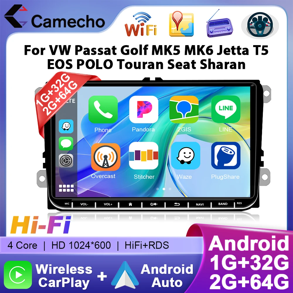 Camecho 9 Zoll Autoradio Android Auto Carplay für VW Volkswagen Golf 5 6 Touran Passat B6 Polo Jetta GPS WiFi Multimedia Player Image