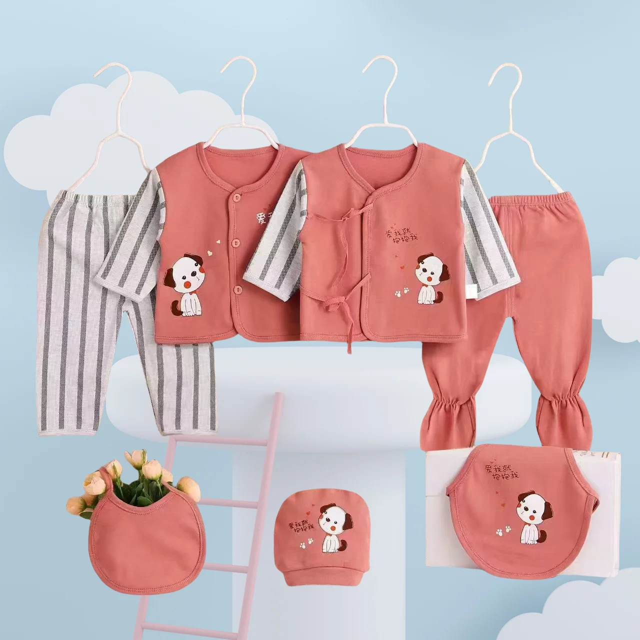 Neugeborene Kleidung für Babys, 100 % Baumwolle, Oberteil, Hose und Mütze, Schlafanzug-Set, Frühchen bis 3 Monate, 7-teilig Image