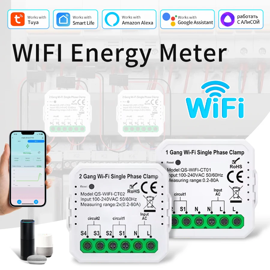 Smart WiFi Stromwandler Klemme KWH Monitor 100-240V 80A 1/2CH Leistungsstatistik Verbrauch Energiezähler Alexa Google Home Image