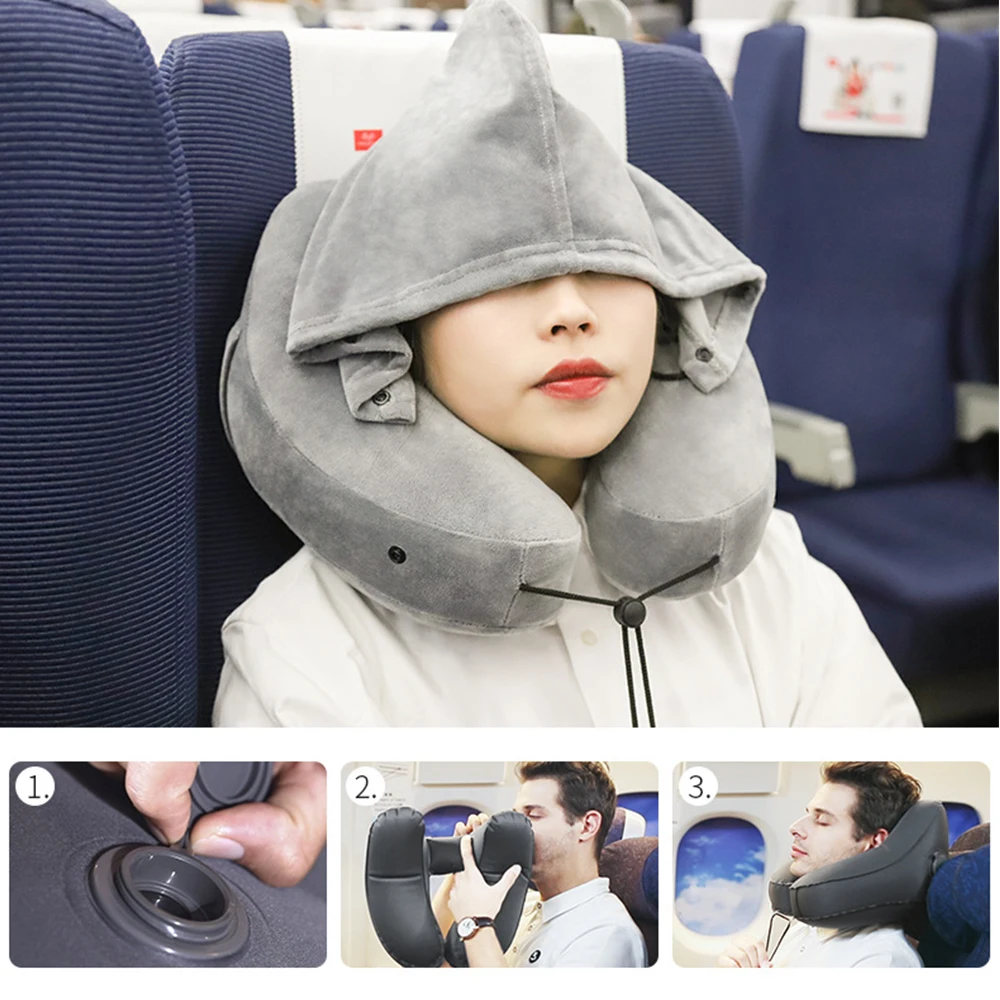 Aufblasbares Nackenkissen mit Kapuze, tragbares U-förmiges Kissen, Auto-Nackenstützkissen, Reise-Nackenkissen, aufblasbares H-förmiges Kissen Image
