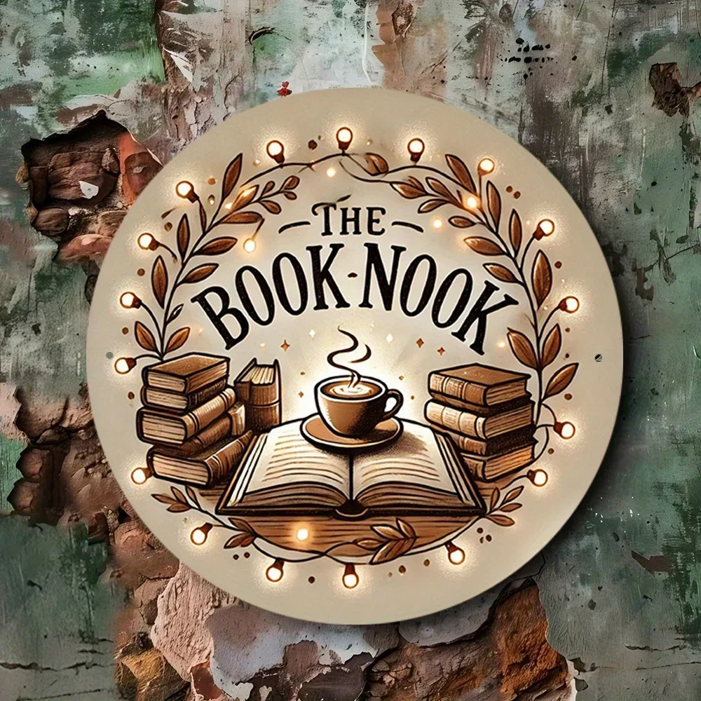 [1 Stück Aluminium-Buchecke] Wasserdichtes, lichtbeständiges 1 Stück „The Book Nook“-Themen-Wandkunstschild aus Aluminium | Metall 8x8 Zoll Image