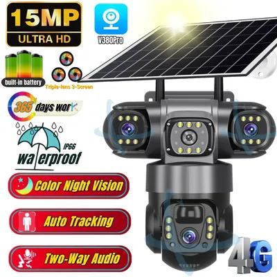 V380 Pro 3 Lens IP Solar Camera HD 15 MP Outdoor Waterproof CCTV Night Vision Two-Way Audio Camera Mobile Tracking 4G IP Camera