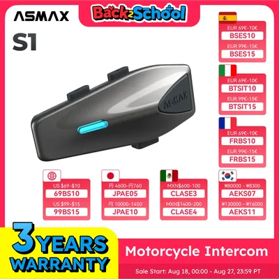 ASMAX S1 Bluetooth-Motorrad-Gegensprechanlage mit UKW-Radio, Geräuschunterdrückung, wasserdicht, 8-Fahrer-Interphone-Helm-Headset, Deutsche Sprachansagen Geeignet für Schneemobil/Ski/ATV Image
