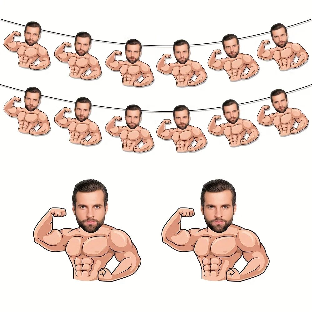 6/12 Stück personalisierte benutzerdefinierte robuste Muskelmann Gesicht Foto Banner Bodybuilder Fitness Themed Bachelorette Geburtstag Party Dekor Image
