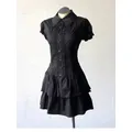 Robe chemise en dentelle noire Vintage Y2k pour femmes, taille fine, assortie avec tout, manches courtes, robe d'été
