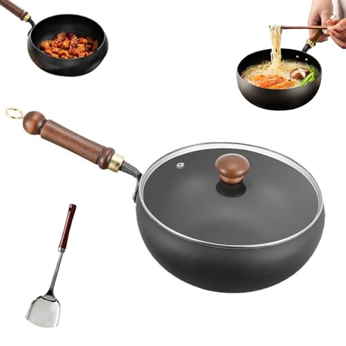 Usceshonn Iron Pot, Handmade Hammered Large Belly Pot, Suntuup Japanese Iron Pan Uncoated Thick Ironpot, Non-Stick Large Belly Cooking Pots with Lid for Cooker Gas Stir Fry Pans (Glass Lid,24cm)