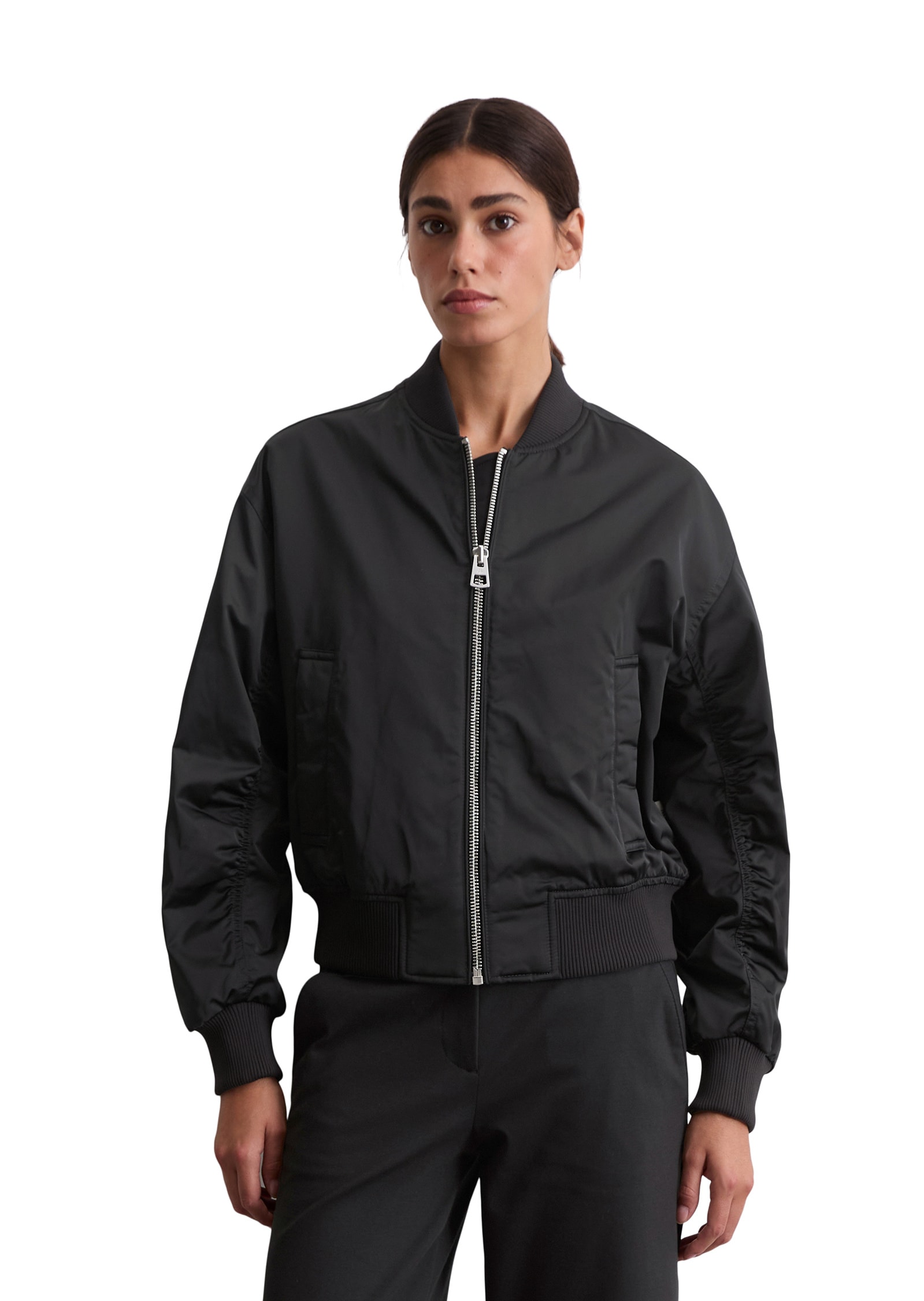 Outdoorjacke MARC O'POLO "aus recyceltem Shiny-Polyester-Twill", Damen, Gr. 34, schwarz, Obermaterial: 100% Polyester; Füllung: 100% Nicht verfügbar; Futter: 100% Nicht verfügbar, Casual, regular fit, Strickbündchen, Jacken Image