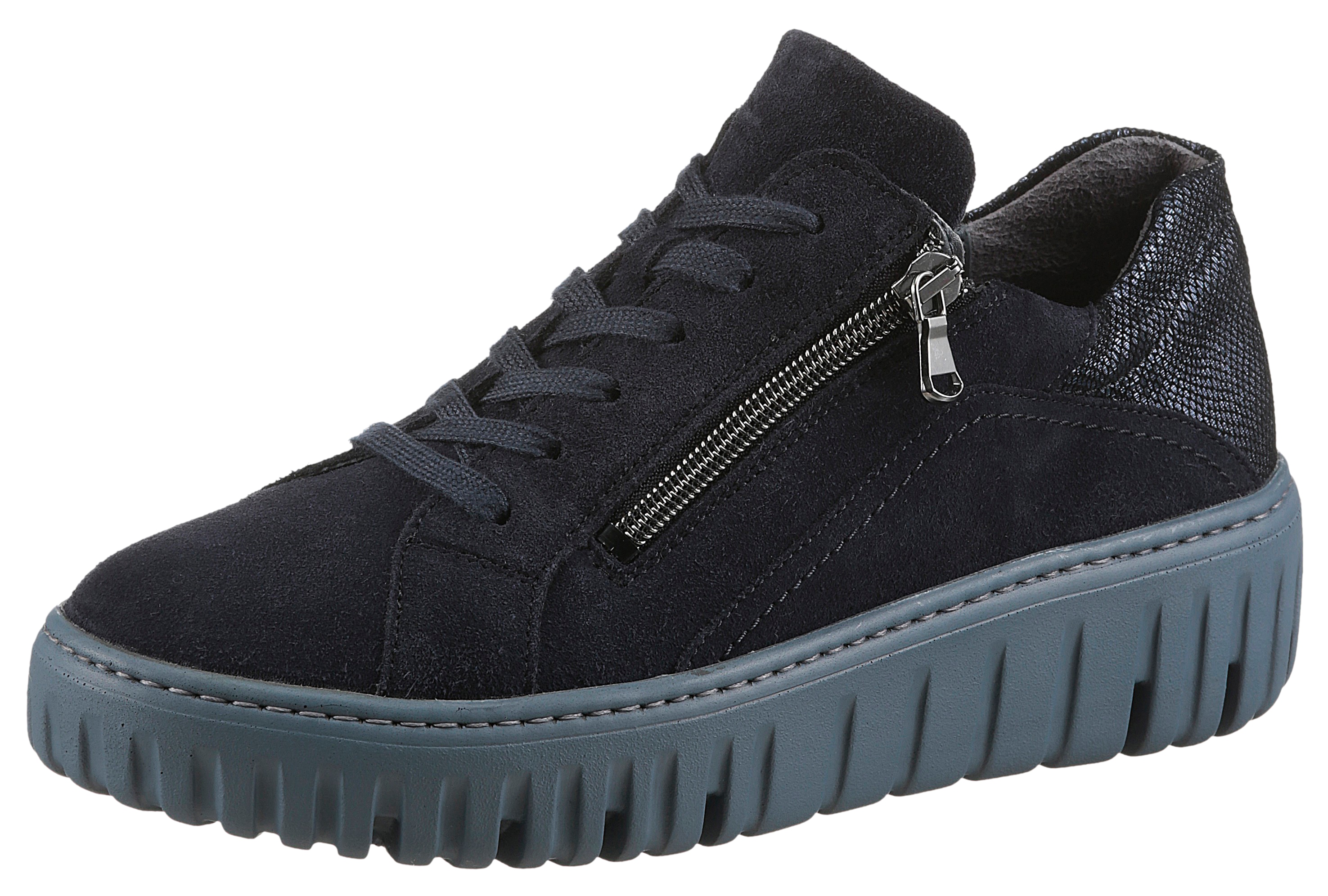 Plateausneaker WALDLÄUFER "H-LIVIA", Damen, Gr. 7 (40,5), blau (nachtblau), Nappaleder, Veloursleder, unifarben, Schuhe, Schnürschuh, Halbschuh, Komfortschuh mit herausnehmbarem Lederfußbett