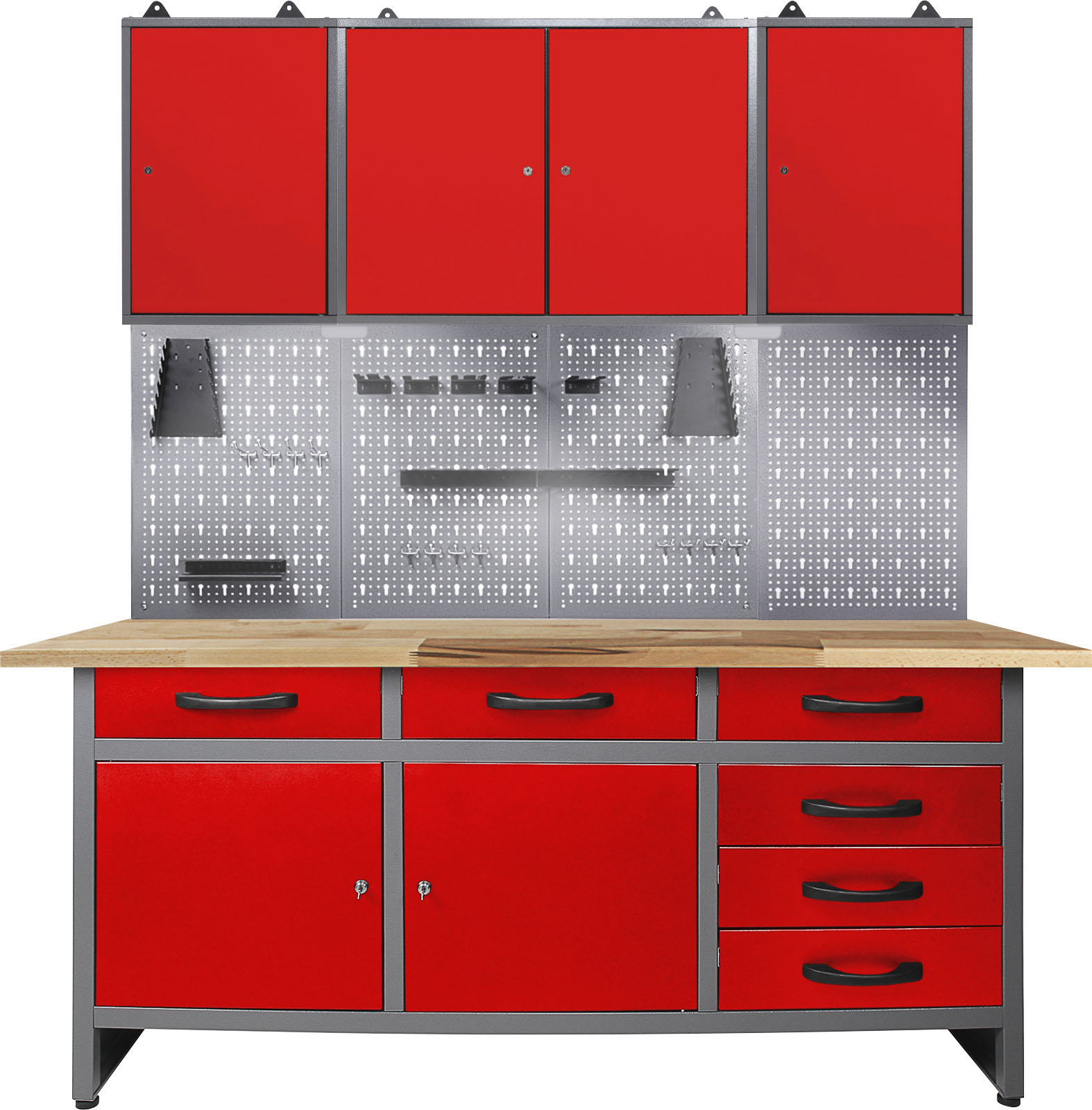 Werkstatt-Set ONDIS24, rot (anthrazit, rot), B:160cm H:205cm T:60cm, Metall, Werkbänke, 160 cm, mit LED