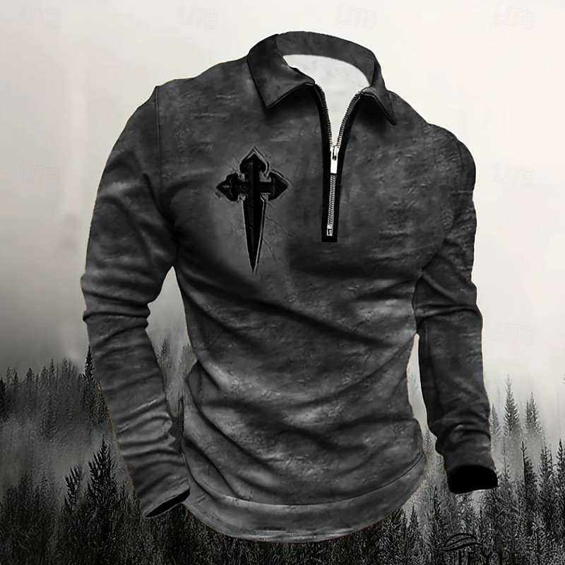 Male Graphic Cross Polo Long Sleeve Turndown Vintage Style Casual Sports Outdoor Athleisure Casual Daily Zipper 3D Print Spring Fall Winter Dark Grey Blue Brown