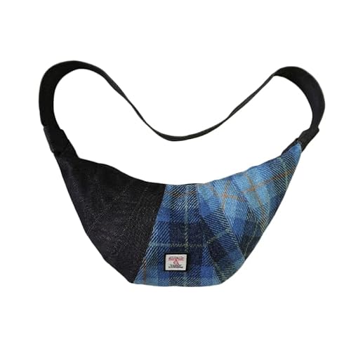 Harris Tweed Crescent Crossbody Bag for Women and Men, Tartan Wool & Denim Hobo Shoulder Bag, Vintage Travel Purse, Blue Tartan, Hobo Bag
