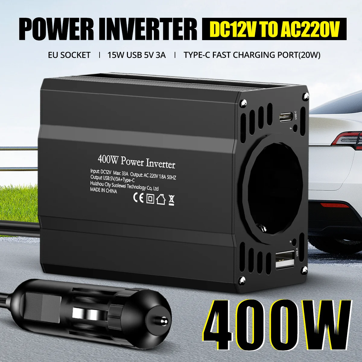 DC12V zu AC 220V 50HZ modifizierter Wellenwechselrichter Solarauto Stromversorgung 400W Spannung tragbarer Konverter, TYP-C, USB- und EU-Steckdosen Image