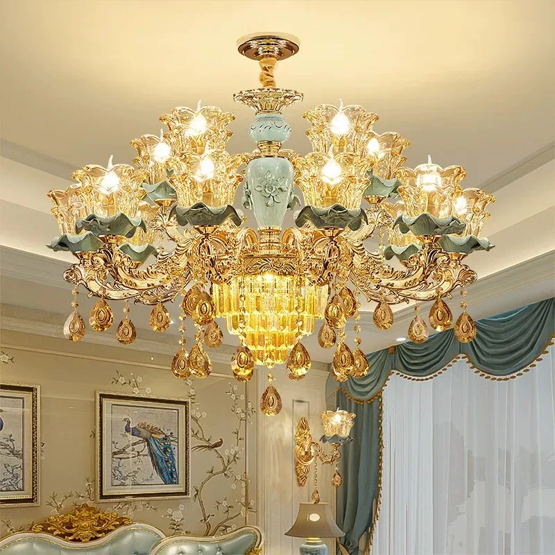 E14 Europäischen Stil Keramik Retro Atmosphärischen Kristall Kronleuchter Für Wohnzimmer Schlafzimmer Modell Zimmer Villa Duplex Boden Kronleuchter