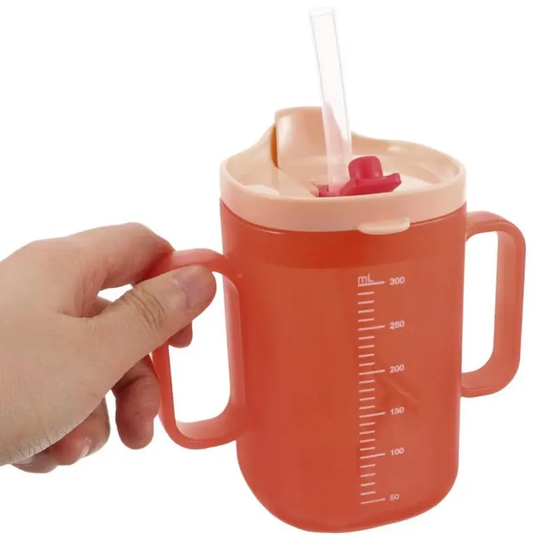 NEUE 300 ml auslaufsichere Becher für Erwachsene, ältere Menschen, Wasserbecher mit Griffen, auslaufsicherer Becher, Wasserflasche mit Deckel und Strohhalm, Wasserbecher Image