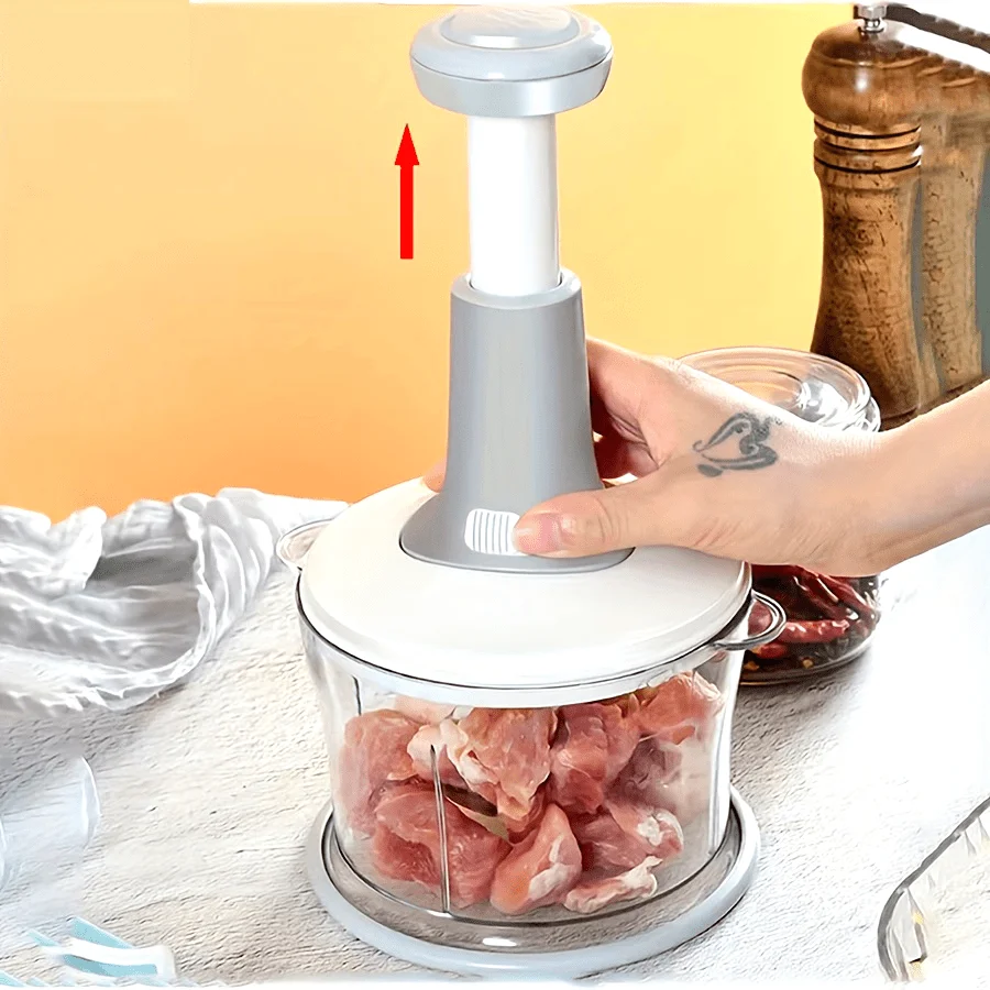 Manual Food Processor Garlic Press - Hand-Powered Meat Grinder Vegetable Chopper and Dicer, Plastic Kitchen Gadget