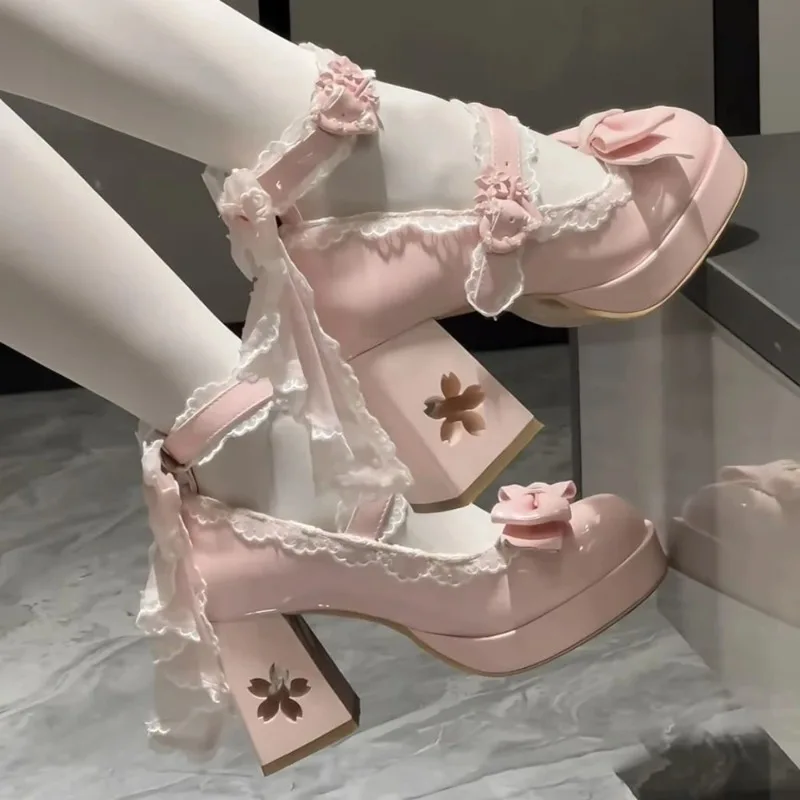 Schöne Mädchen Lolita Schmetterling Knoten High Heels Plateauschuhe, junge Frauen Studenten süße Sakura Hochzeitskleid Mary Janes Image