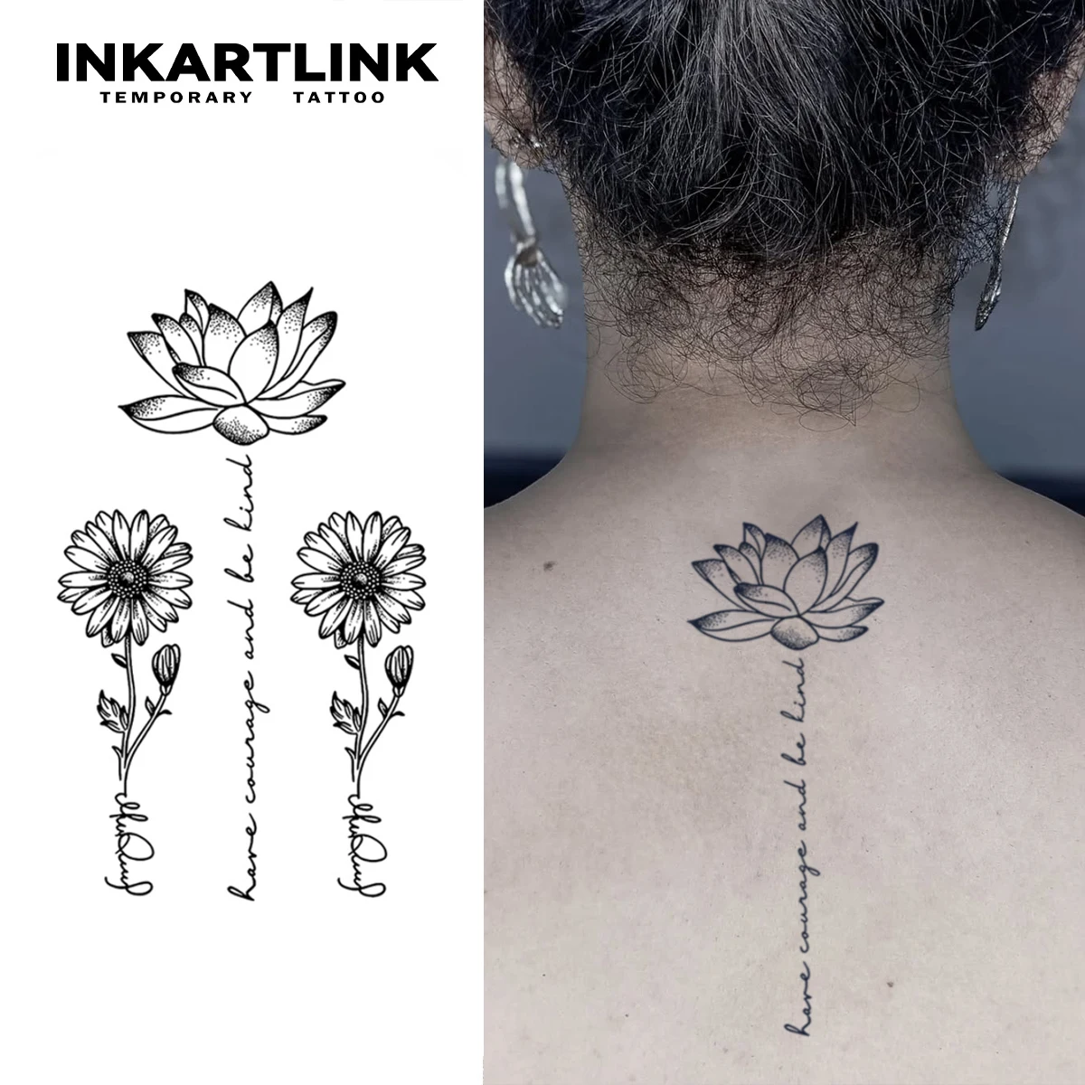 INKARTLINK Lotus Daisy Tattoo-Patch für 1–2 Wochen, langlebig, inspirierende Satz „Have Courage“, wasserfest, temporäres Tattoo Image
