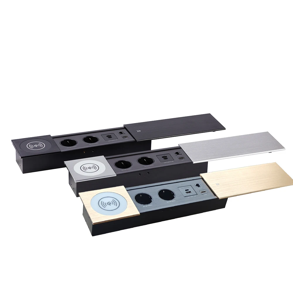 ​ MANLEIKE Tisch-Versteckte Steckdose, eingebettete Steckdose mit kabelloser Chargeoffice-Schiebedeckel, Desktop-Steckdose, USB, Typ-C, HDMI, Netzwerk Image