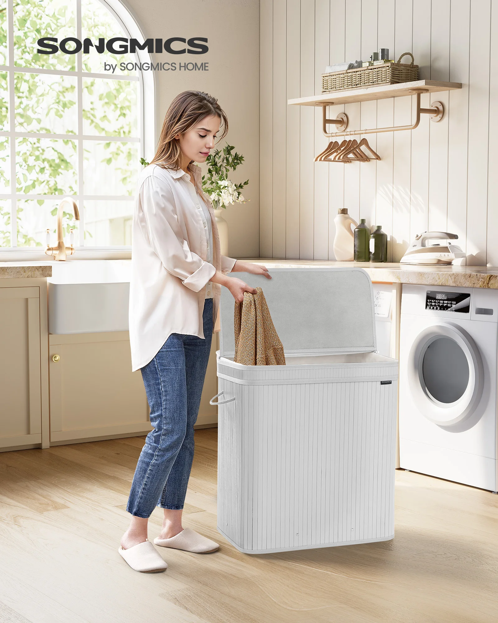 SONGMICS Wäschekorb mit Deckel,Wäschesammler Bambus,Wäschesack herausnehmbar und maschinenwaschbar,mit Griffen, 150 Liter