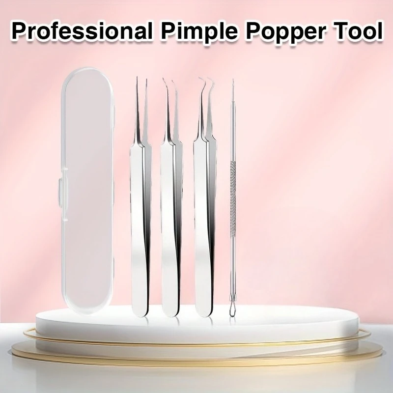 4-teiliges Set aus hochwertigen Präzisionspinzetten aus Edelstahl, Mitesser- und Pickelentferner, professionelle Akne-Pinzette für die Gesichtspflege Image
