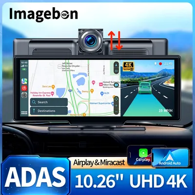 Imagebon 10.26" 4K ADAS Car DVR Wireless CarPlay & Android Auto Dual Recording Night Vision WiFi GPS Navigation Video Recorder