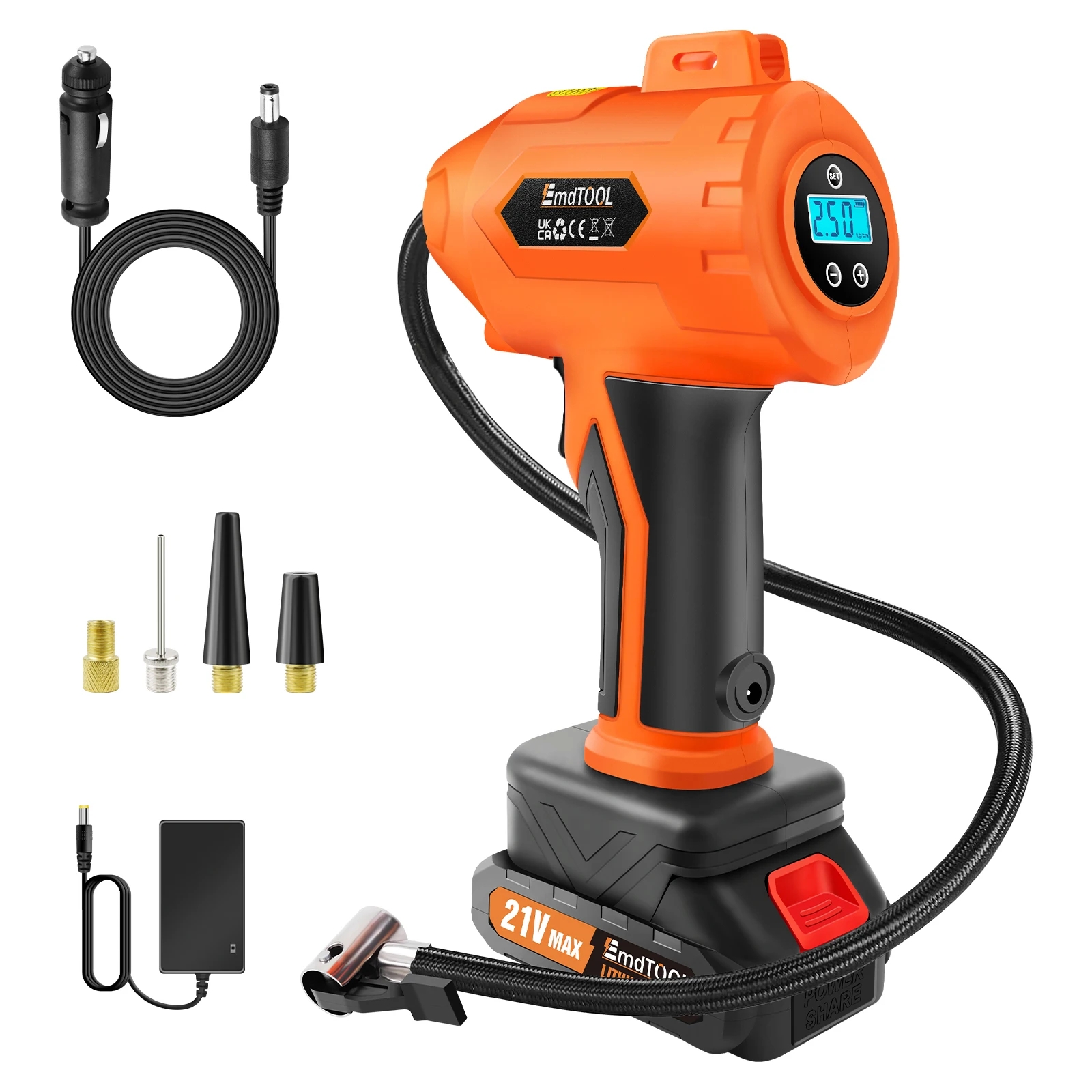 Compressore d'aria portatile per gonfiaggio pneumatici da 120 W 180 PSI Batteria agli ioni di litio da 21 V, adattatore per auto 12 V CC, per auto, motocicli, biciclette (arancione)