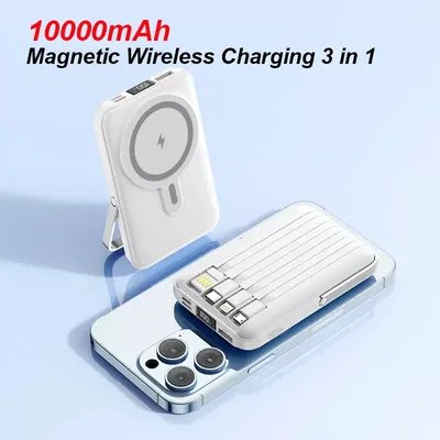 Tragbarer Schnelllade-Akku, Powerbank 10000 mAh, mit Ständer und 4 Kabeln, kabelloses magnetisches Ladegerät für iPhone 14/13/Pro/Mini Image
