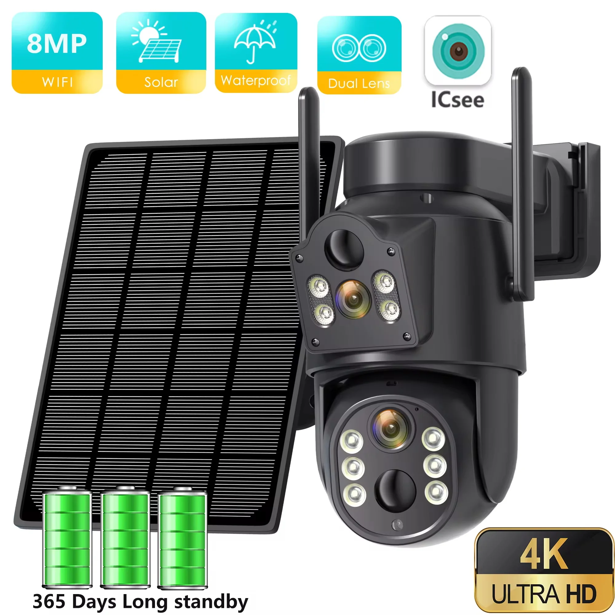 4K 8MP IP Solar Power WiFi Kamera PTZ Outdoor IP66 Wasserdicht 7800mAh Eingebaute Batterie Überwachungskamera PIR menschliche Erkennung Image