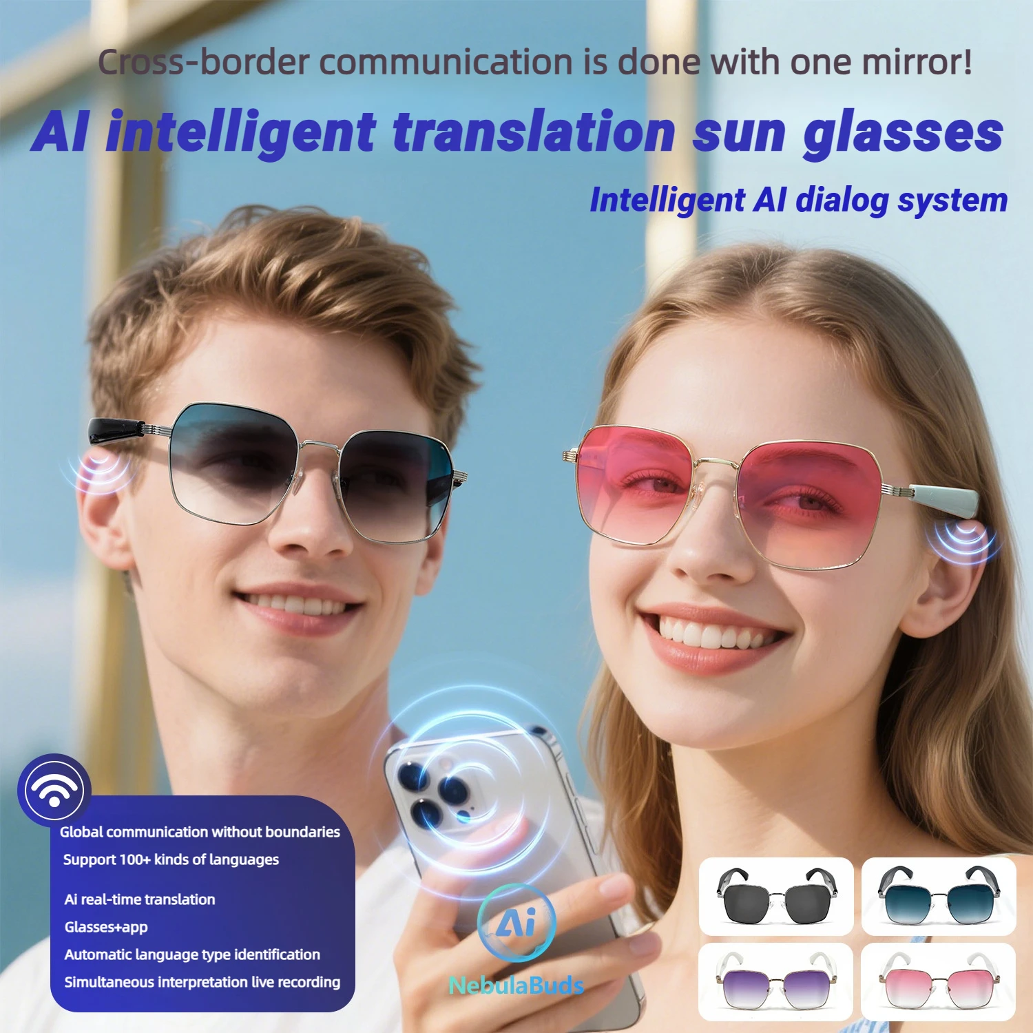 CLLOIO AI Smart Bluetooth-Brille, progressive verschreibungspflichtige Sonnenbrille, über 100 Sprachen, Übersetzer, Echtzeit-Myopie-Brille Image
