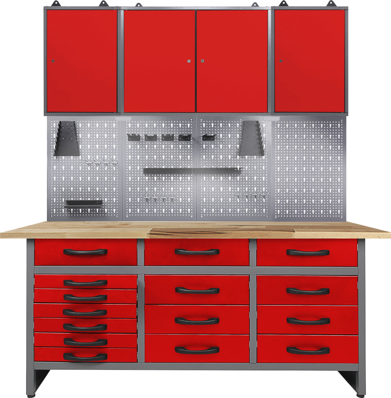 Werkstatt-Set ONDIS24, rot (anthrazit, rot), B:160cm H:205cm T:60cm, Edelstahl, Werkbänke, 160 cm, mit LED