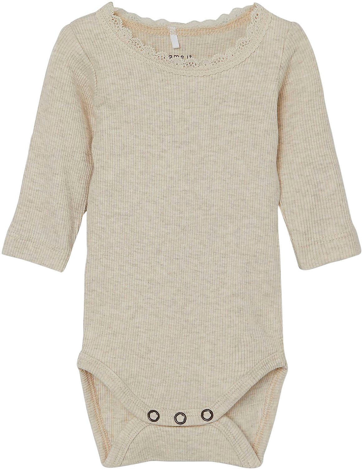 Langarmbody NAME IT "NBFKAB LS BODY NOOS", Baby, Gr. 74, N-Gr, beige (peyote melange), Jersey, Obermaterial: 57% Baumwolle, 38% Modal, 5% Elasthan, meliert, normal, Rundhals, Bodys Image