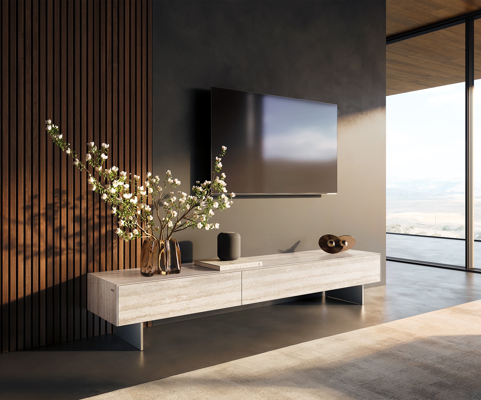 DELIFE Lowboard Cuor 200 cm Keramik Laminam® Travertino Bianco Creme-Weiß 1 Klappe 1 Schubfach Fuß Schwebeoptik Edelstahl, Lowboards Image