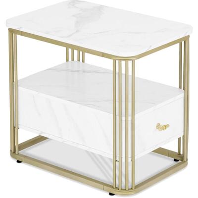 Barberpub - Beistelltisch mit Schublade, Sofatisch mit 2 Ablagen, Modern Kaffeetisch Marmor Weiß Image