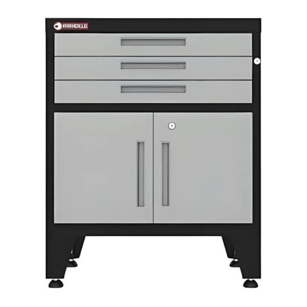 Armadillo Tough Grey 3-Drawer 2-Door Cabinet Base Cabinet with Rubber Work Mat