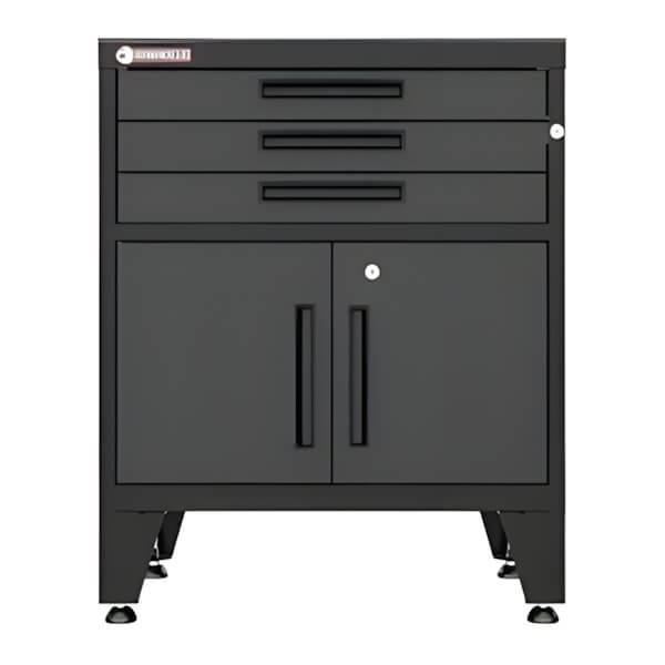 Armadillo Tough Black 3-Drawer 2-Door Cabinet Base Cabinet with Rubber Work Mat