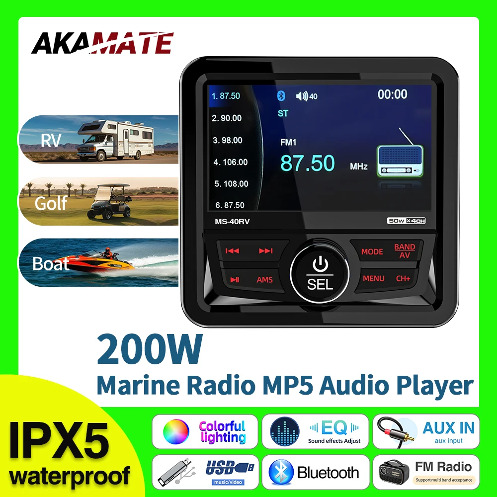  Pour RV Radio Marine stéréo carré bateau Radio haut-parleur FM AM antenne étanche IPX5 Bluetooth lecteur multimédia MP5