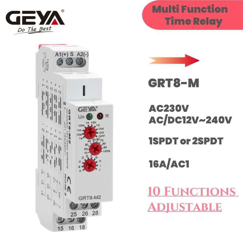 GEYA GRT8-M 16A Multifunktions-Timerrelais mit 10 Funktionsauswahl AC DC 12 V 24 V 220 V 230 V Zeitrelais Image