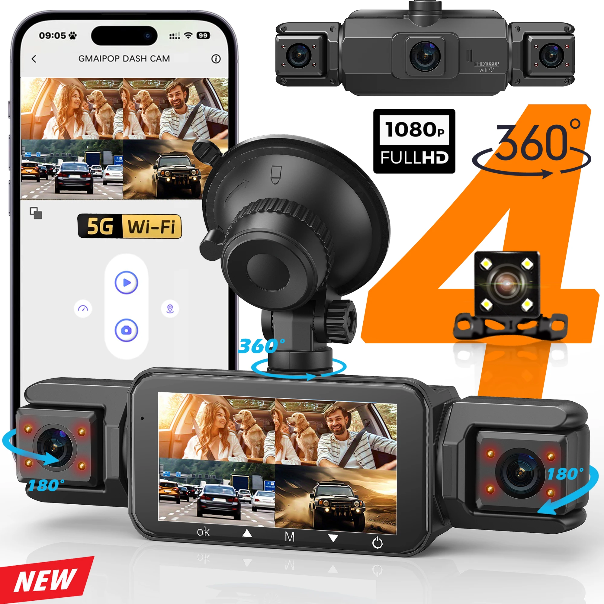 Dashcam für Autos, 4-Kanal-Blackbox, WiFi-Fahrkamera, FHD 1080P, Nachtsicht, Loop-Aufnahme, Hinzufügen von Hardwire-Kit, Autozubehör Image
