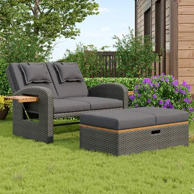 Outdoor Patio Daybed,Double Lounge Bed,Outdoor Deck Chair,Multifunctional Sofa Bed, Sun Lounger with foot for Patio, Garden