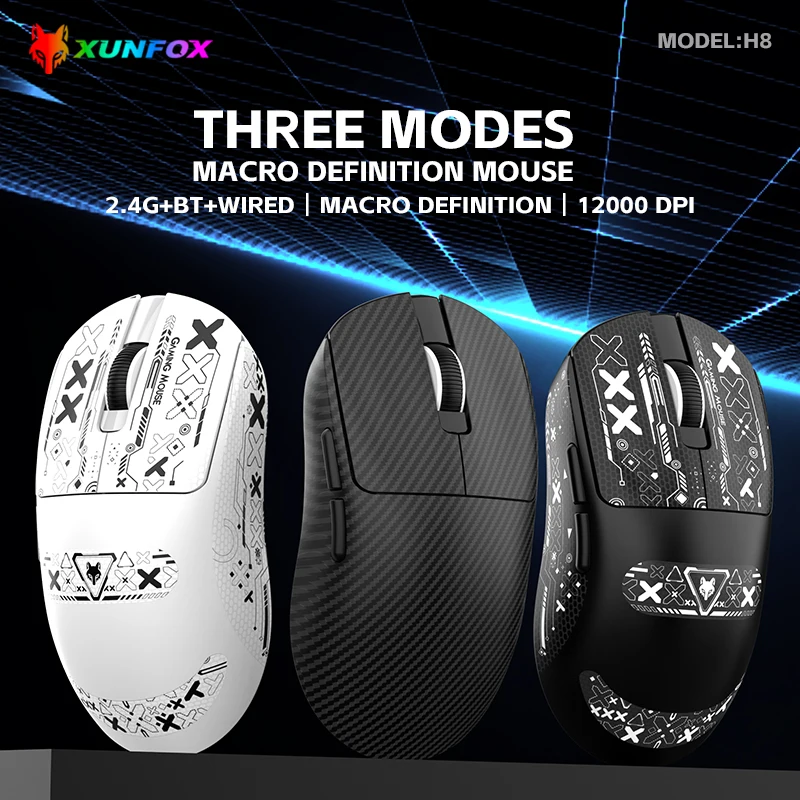 XuanYinFox H8 Leichte Gaming-Maus mit drei Modi, kabelgebunden, kabellos, Bluetooth, Paw3311, High-End-Esports-Maus-Controller Image