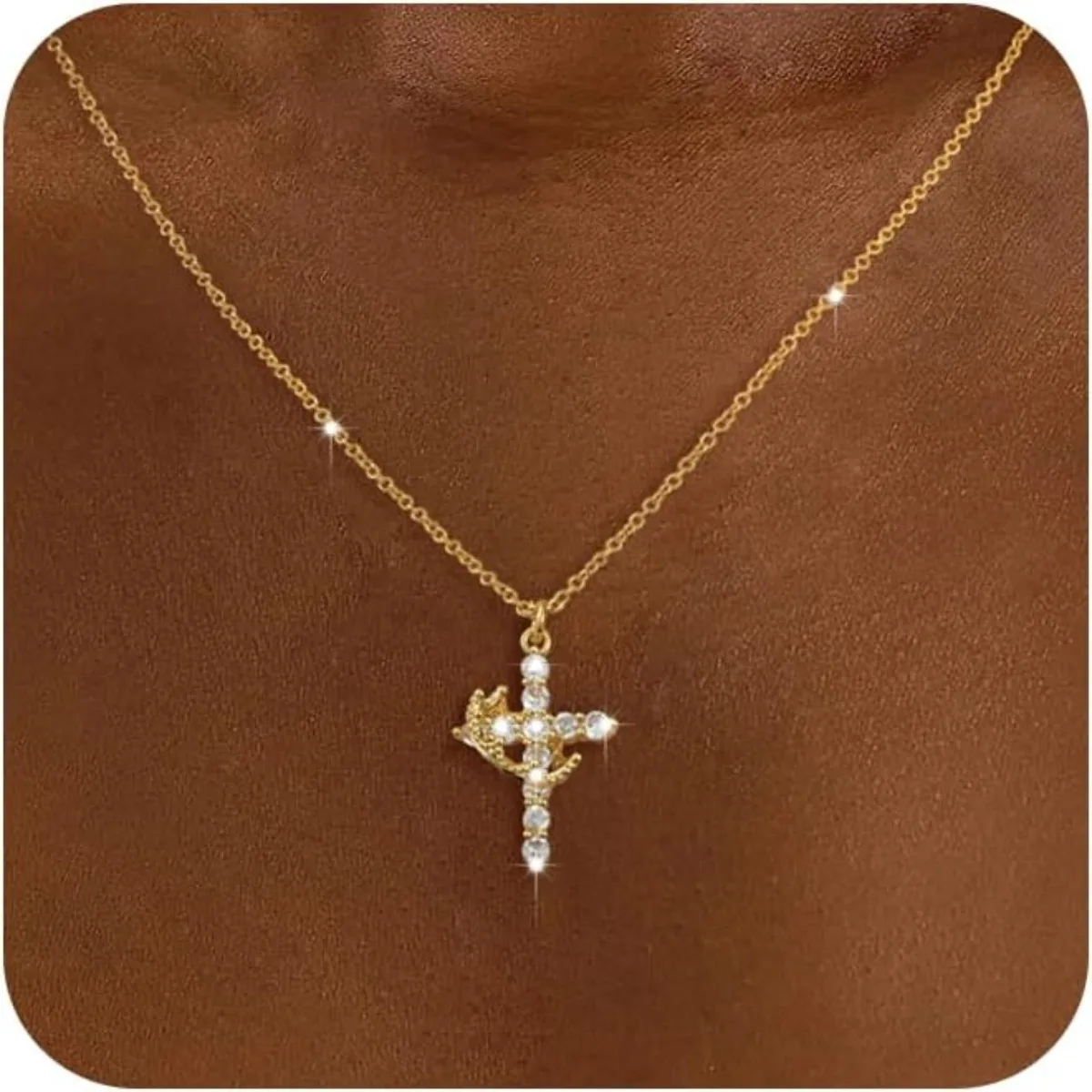 Collana da donna con croce di diamanti - Squisita collana con ciondolo in oro 14k con zirconi cubici Collana semplice con ciondolo croce in oro