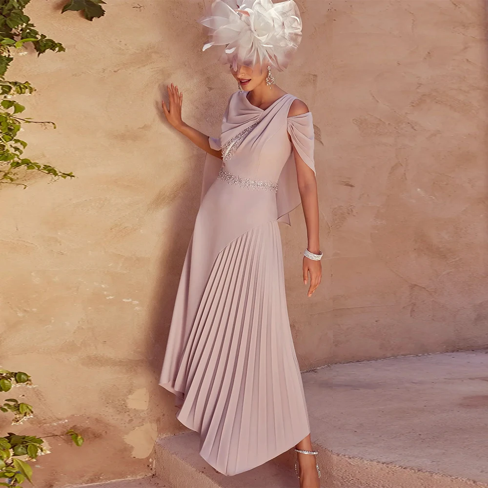 Customized Guest Wedding Party Dresses A-line Maxi Celebrity Dress Dark Pink Irregular Collar Type Pleated Beading Prom Dress