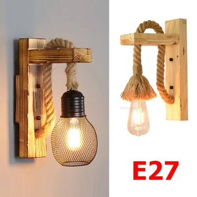 Vintage Hemp Rope Wall Lamp with Plug Wood Wall Lamp E27 Indoor Loft Outdoor Corridor Wall Lights Industrial Sconce Bedside Lamp