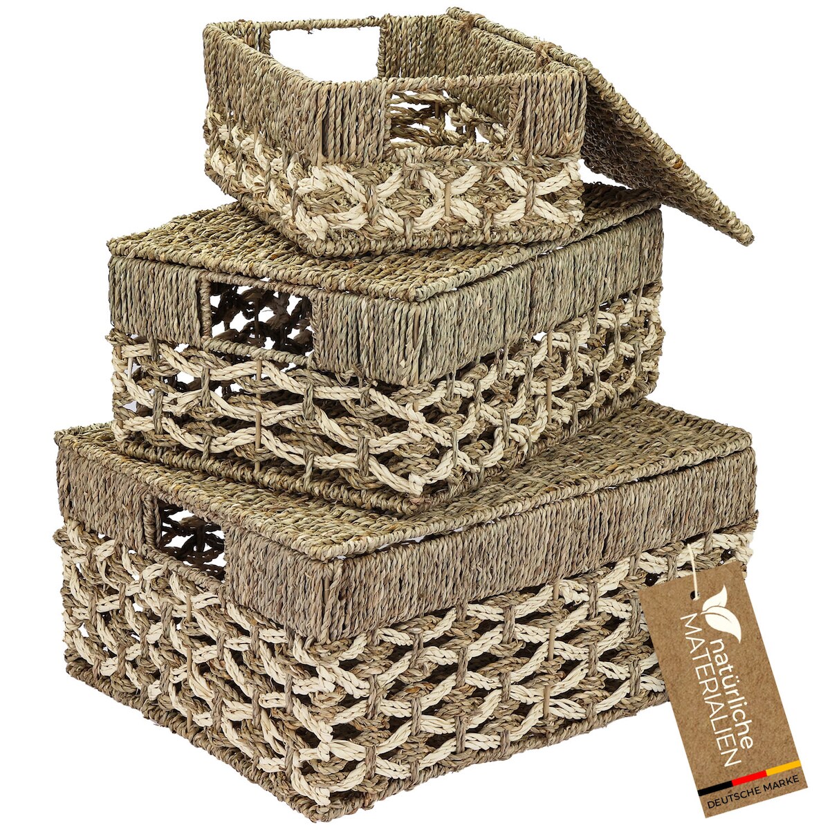HMF Aufbewahrungskorb mit Deckel, 3er-Set, Korb geflochten aus Seegras und Palmblättern, Klein, Mittel, Groß Image